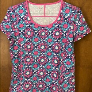 Talbots Women's Short Sleeve Pink, White and Blue Geometric Tee. Seam details.